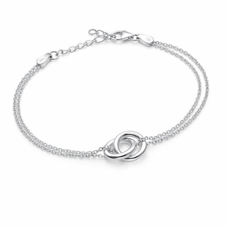 Armband i 925 silver till dam med kedjor och tvÄ sammankopplade ringar.