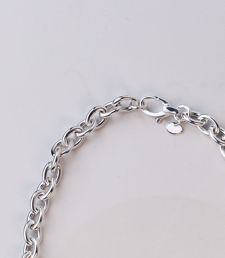 Bred silverkedja med ovala länkar och lås.