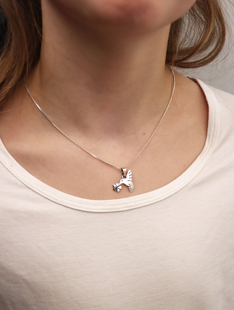 Children's jewelry Bird and Flower Necklace, silver