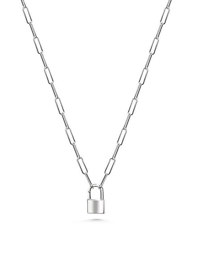 Silverhalsband med hänglås i kedja. 